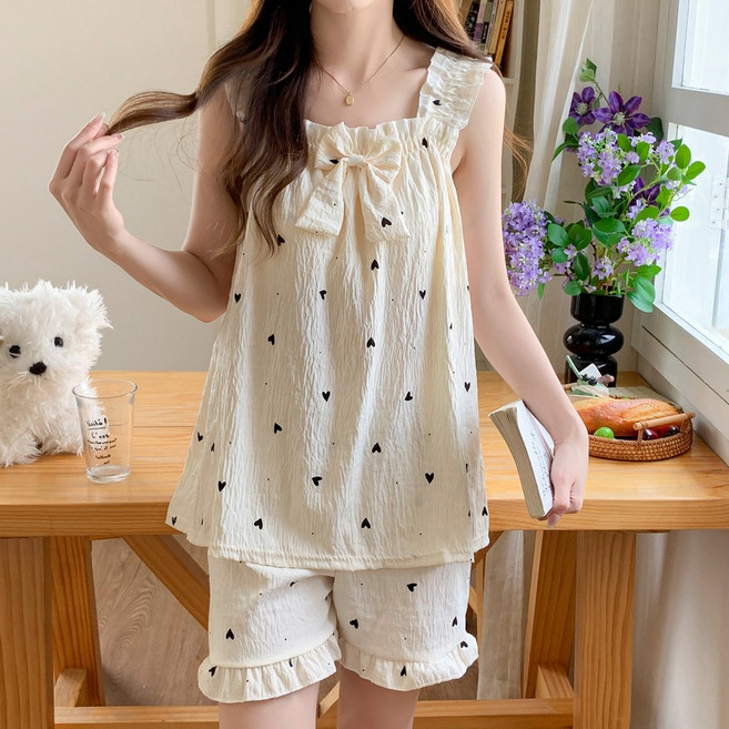 세컨핑크 여성용 새침리본 브라프리 나시 + 반바지 잠옷 세트