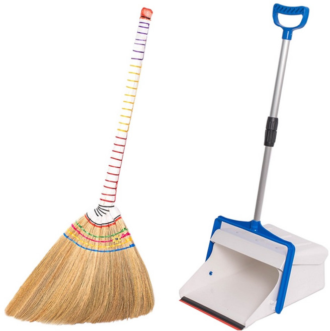 크린메이트 W특갈대 빗자루 + 2단 자동 쓰레받기 세트, 1세트, 혼합색상