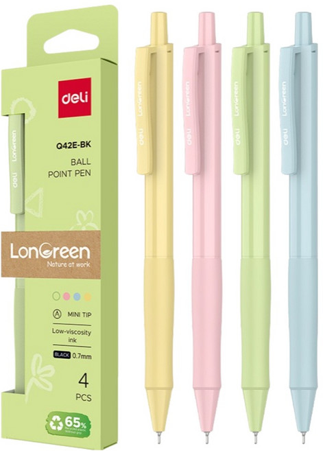 델리 제로웨이스트 LONGREEN 블랙잉크 젤 잉크펜 0.7mm 4종 세트, 옐로우, 블루, 핑크, 그린, 1세트