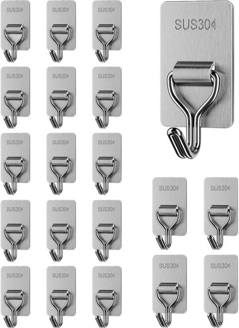 무타공 304 스텐 접착식 행거 후크, 실버, 20개