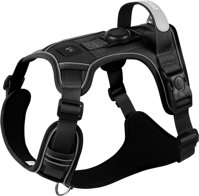 딩동펫 반려동물 초경량 이중잠금 반사 가죽 손잡이 하네스, 블랙, 1개