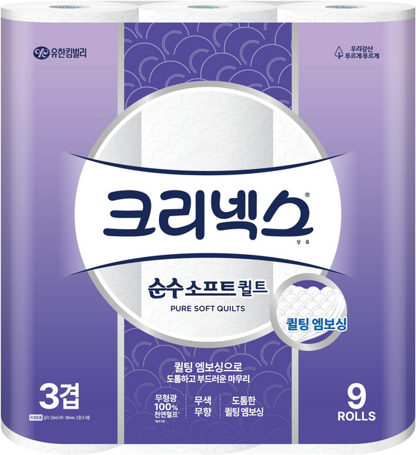 크리넥스 순수소프트 퀼트 천연펄프 3겹 롤화장지, 25m, 9롤, 1개