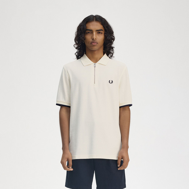FRED PERRY 男士縐紗網眼半拉鍊短袖Polo衫 M9886