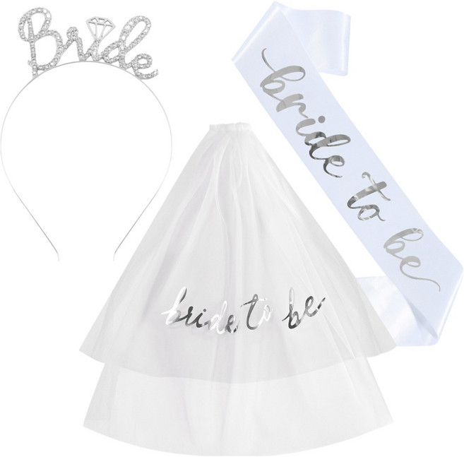 코히모 브라이덜샤워 파티 헤어 악세사리 면사포 + 헤어밴드 + 어깨띠 세트 5W0317, 1세트, 실버