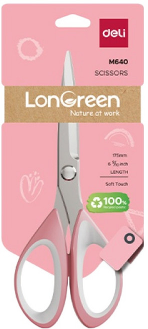 델리 LONGREEN 중형 문구 사무 소프트그립 재단 양손가위, 핑크, 1개