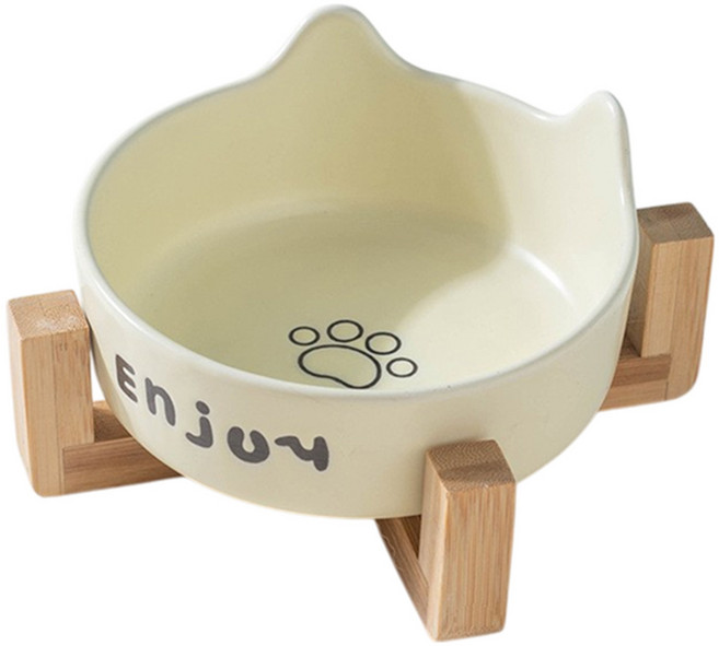 毛皇上 貓耳陶瓷碗 + 木架 單碗款, 黃色, 1組