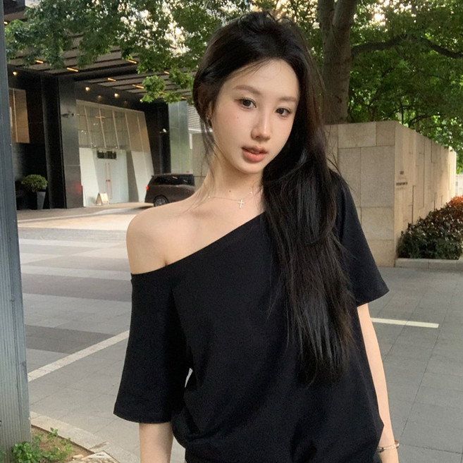 엘쏘 여성용 Y2K 오프숄더 루즈핏 반팔 티셔츠