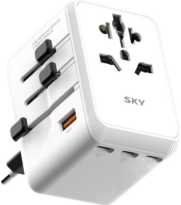 SKY 필 2500W GaN 65W 筆記型電腦超高速5埠海外旅行用多功能插頭接地充電轉接器 T65PD, 白色