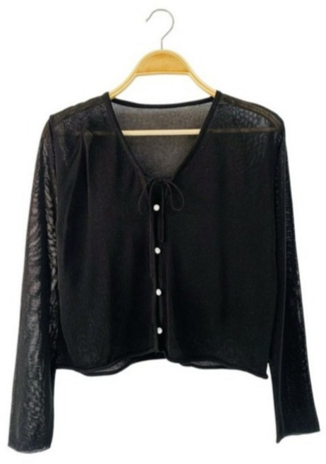 시크블랙 여성용 파루다 시스루 리본 스트랩 세미크롭 브이넥 가디건 cpcd3508k54