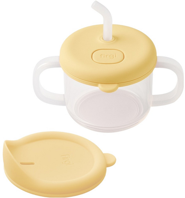 퍼기 처음 쓰는 말랑 자기주도 실리콘 양손 빨대컵 세트, 200ml, 1세트, 버터옐로우