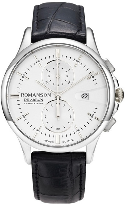 ROMANSON De Arbon 計時碼錶 銀色點綴 皮革手錶 RWCBHM5A0900WHWH0 + 購物袋
