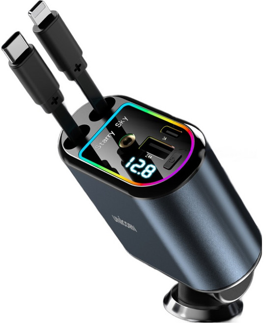 유니콘 4 IN 1 릴타입 시거잭 차량용 LED 화면 동시 4대 멀티 고속 충전기, 그레이, CP-500D