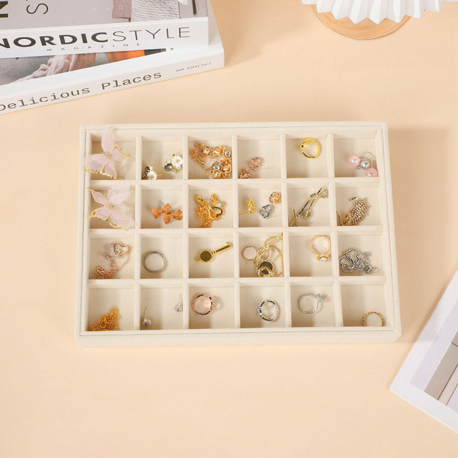 간편벨벳 악세서리 정리 대용량 초대형 트레이 24칸, 베이지, 1개