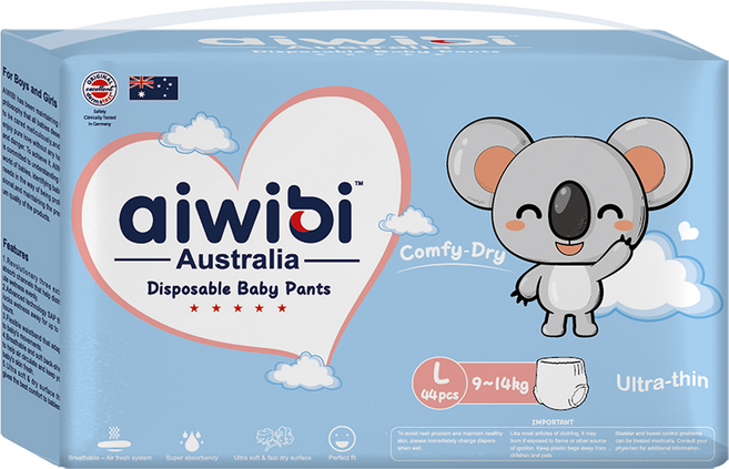 aiwibi 愛薇彼 清新乾爽透氣輕薄 褲型尿布 9~14kg, L, 44片