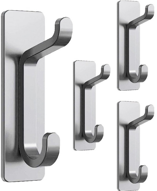 리얼락 304 스텐 3M 강력 슬림 듀얼훅 벽걸이 후크, 실버, 4개