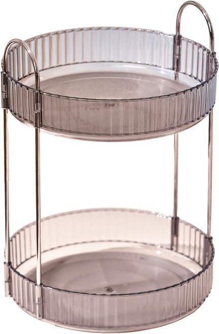 리야홈 회전 트레이 화장품 정리대 2단, 1개, 그레이 + 실버 프레임