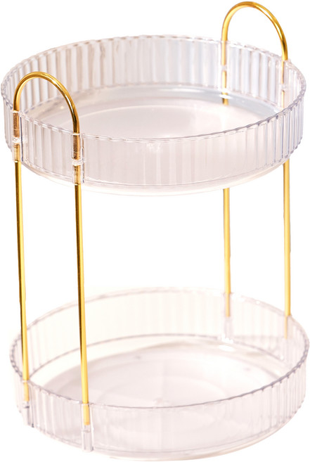 리야홈 회전 트레이 화장품 정리대 2단, 1개, 투명 + 골드 프레임