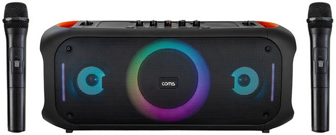 컴스 노래방 버스킹 블루투스 스피커 앰프 + 무선 마이크 2p 세트, COM808, 블랙