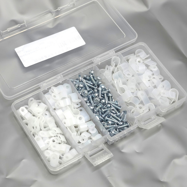 강우상사 케이블 클램프 + 피스 플라스틱팩 세트, 1세트, 흰색 + 은색