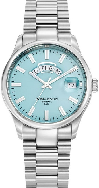 ROMANSON Actius Day-Date 首爾 綠松石錶盤 銀色金屬手錶 RWTMFM3BS007WHMT0