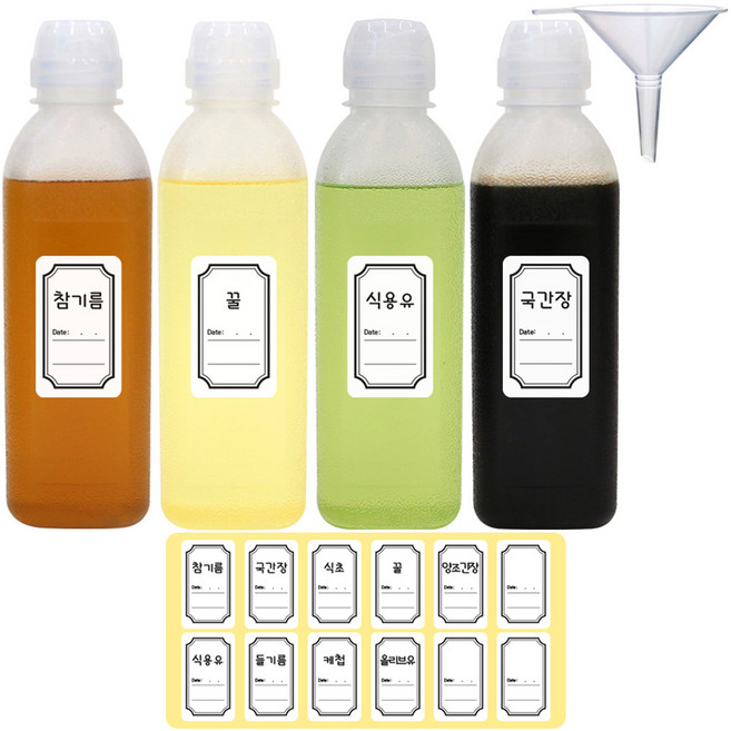 홈메이드 흐르지않는 깔끔 소스통 500ml x 4p + 깔대기 + 양념라벨 12p 세트, 2L, 1세트