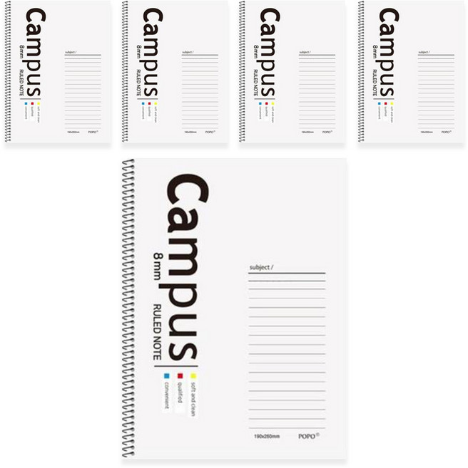 POPO FANCY 1000 Campus字樣橫線筆記本, 5本, 白色