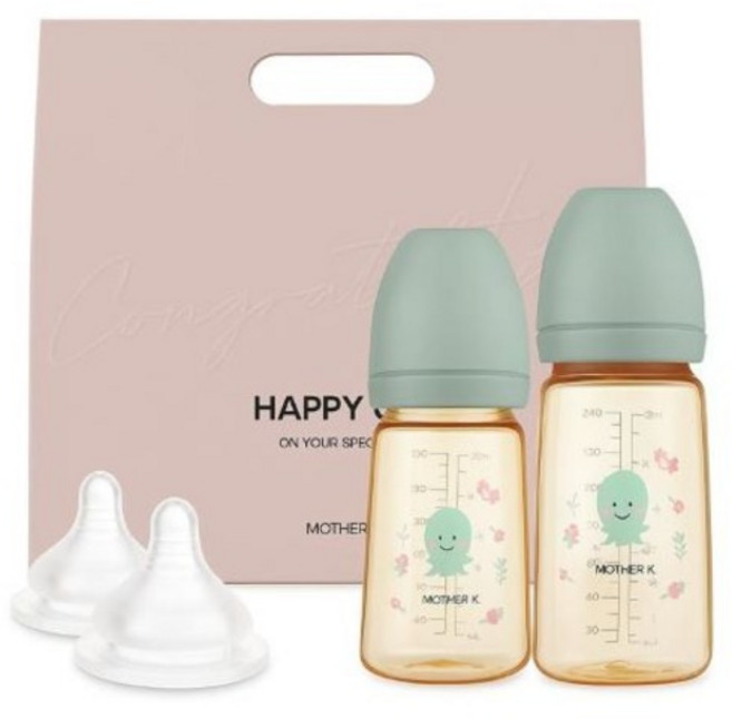 마더케이 뱀뱀젖병 180ml + 280ml + 젖꼭지2단계 2p + 기프트백 세트, 민트, 1세트