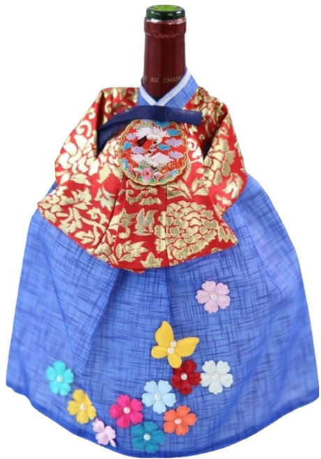 해피툴 궁중한복 꽃과 나비 치마 와인커버, 청, 1개
