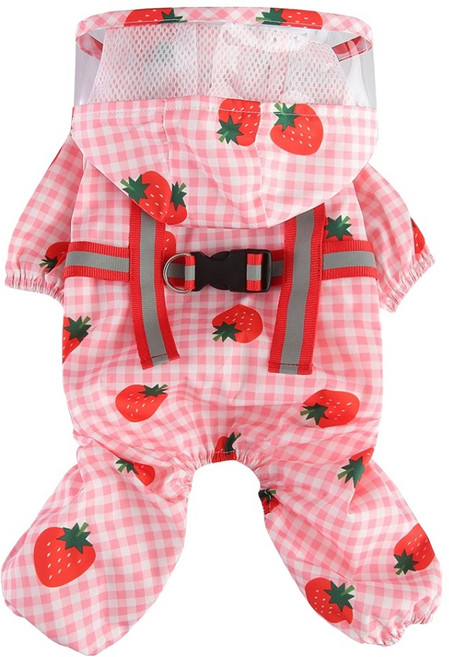 웨이비데이즈 강아지 토미 딸기체크 포켓 레인코트, 핑크, 1개