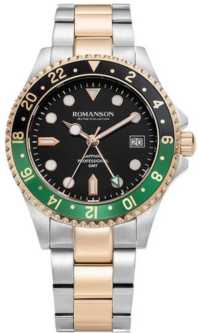 로만손 악티우스 GMT 블랙 그린 단회전 베젤 메탈시계 RWAMFM3BS004CRBK0 + 쇼핑백