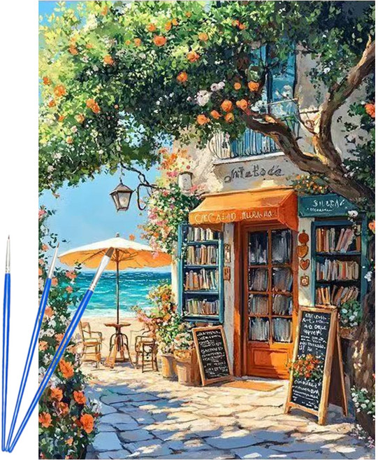 에픽스 마음을 치유하는 유화 풍경 그리기 프레임 40 x 50 cm + 페인트 브러쉬 세트, 평화로운 서점, 1세트