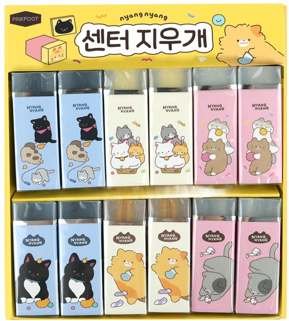 핑크풋 냥냥 투게더 센터 지우개 3종 x 12p 세트, 블루, 아이보리, 핑크, 1세트