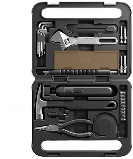 mijia 米家 工具箱 MJGJX001QW, 自鎖捲尺 + 短螺絲 + 電動直柄螺絲刀 + 長螺絲 + 活動板手 + 美工刀 + 多功能尖嘴鉗 + 延長桿 + 羊角錘 + 橡膠錘套 + 萬向軟軸 + 內六角扳手套組 + 收納盒, 1組