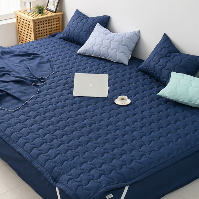 아이닉스 써니 시어서커 항균 탈취 고정밴딩 패밀리 침대패드, 딥네이비