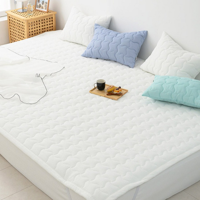 아이닉스 써니 시어서커 항균 탈취 고정밴딩 패밀리 침대패드, 화이트