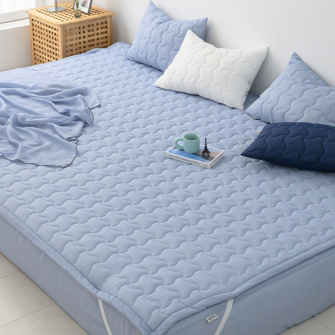 아이닉스 써니 시어서커 항균 탈취 고정밴딩 패밀리 침대패드, 블루그레이