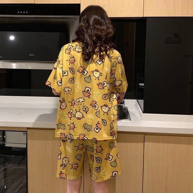 여성용 반팔 키덜트 파자마 상하의 세트
