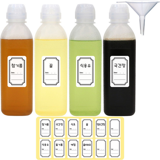 홈메이드 깔끄미 소스통 500ml 4p + 깔대기 + 양념라벨 12p 세트, 1세트