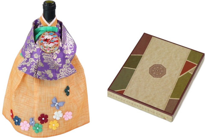 해피툴 궁중 한복 꽃과 나비 치마 와인 커버 + 선물 포장 박스, 오렌지꽃과나비치마, 1세트