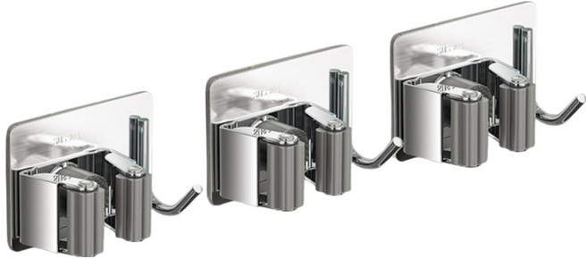 스텐 304 무타공 밀대 청소 도구걸이, 실버, 3개