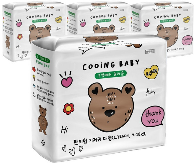 Cooing 베러 놀라운 팬티형 기저귀 남여공용, 대형(L), 104매