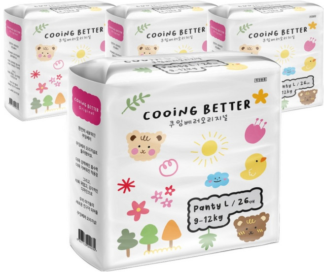 Cooing 베러 오리지널 팬티형 기저귀, 대형(L), 104매