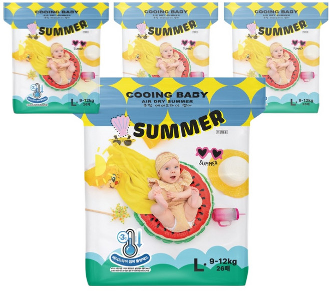 Cooing 썸머 에어드라이 팬티형 기저귀 남여공용, 대형(L), 104매