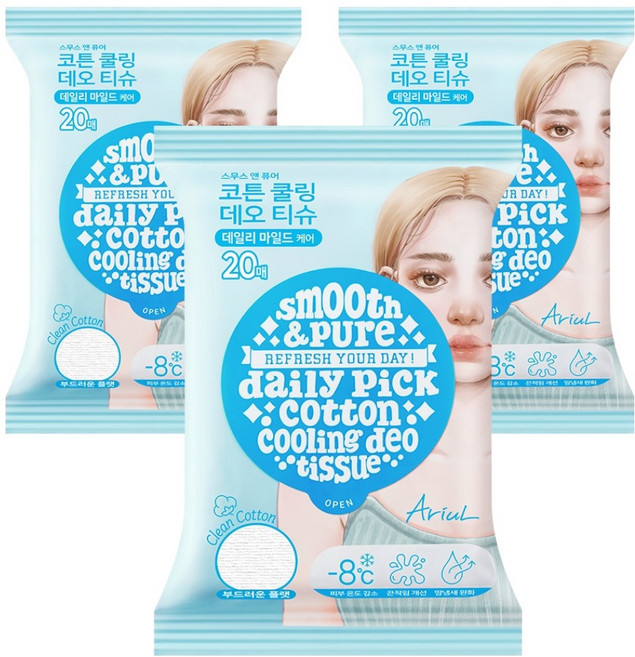 아리얼 스무스 앤 퓨어 코튼 쿨링 데오 티슈 20p, 3개, 100g
