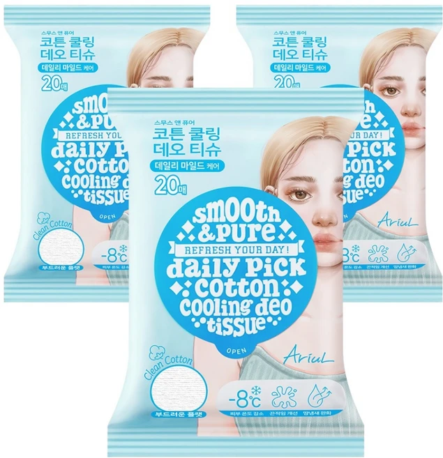 아리얼 스무스 앤 퓨어 코튼 쿨링 데오 티슈 20p, 3개, 100g - 쿠팡