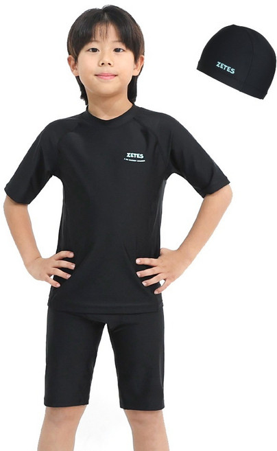 제테스 남아용 생존 수영 실내 수영복 반팔 래쉬가드 상하의 + 수모 세트 1581
