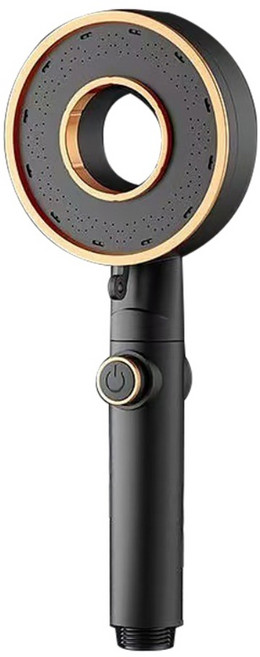 三檔增壓 甜甜圈造型蓮蓬頭 一鍵止水/增壓花灑/淋浴/SPA/水槍/節水/環保, 黑色, 1個