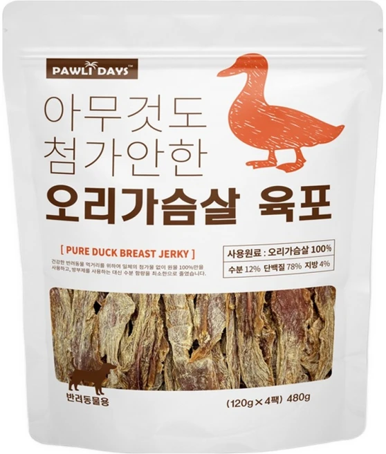 폴리데이 강아지 아무것도 첨가안한 육포 4p, 480g, 1개, 오리가슴살 - 쿠팡