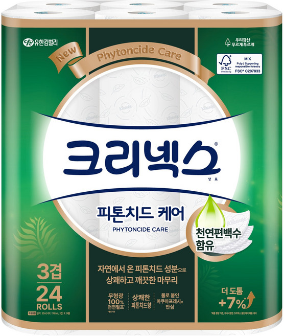 크리넥스 3겹 피톤치드 케어 천연펄프 화장지, 30m, 24롤, 1개