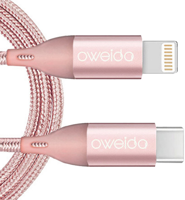 OWEIDA 歐威達 Type-C-Lightning 高速編織線, 白粉色, 150cm, 1條